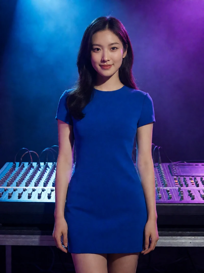 虚构成年女主播穿蓝色短裙站在音乐控制台旁